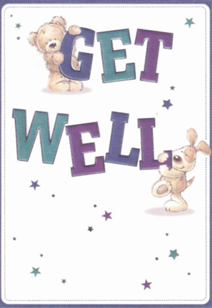 In this charming illustrated get well card, a narrative of kindness and renewal gently plays out-evocative of the close-knit community life here in Abbots Langley. The composition is anchored by two playful friends: a soft, round bear and an exuberant puppy, both brimming with affection and optimism. Great, cheerful letters in hues of deep purple and tranquil aqua ground the scene, leaping forward with joyous intention. The bear perches up high, playful yet reassuring, while the puppy nestles low, conveying trust and comfort. Sprinkled throughout, delicate stars in an array of violet and blue tones spin a magical aura, hinting at hope and brighter days. The clean white space encircling the scene evokes clarity-much like sunlight streaming through windows in a peaceful home off College Road. Textured details bring the bear's plush fur and the puppy's velvety ears to life, inviting a sense of warmth and touch. As a florist, I see a shared artistry here, each color and brushstroke chosen with the same care given to hand-tying a get well bouquet for neighbors in Abbots Langley. Sent alongside fresh flowers, this card would amplify feelings of support, lifting spirits through its blend of innocence, sincerity, and gentle healing energy.